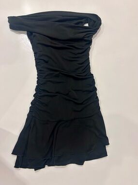 Bershka Black Off the Shoulder Ruched Mini Dress (LBD Little Black Dress)
